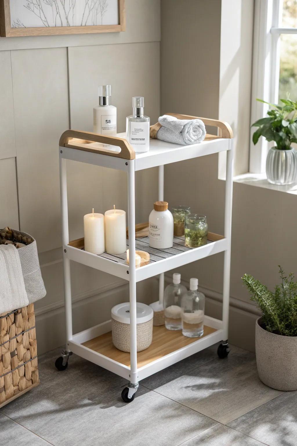 Transform your bathroom with a chic rolling cart — the perfect blend of style and function for your spa essentials.
