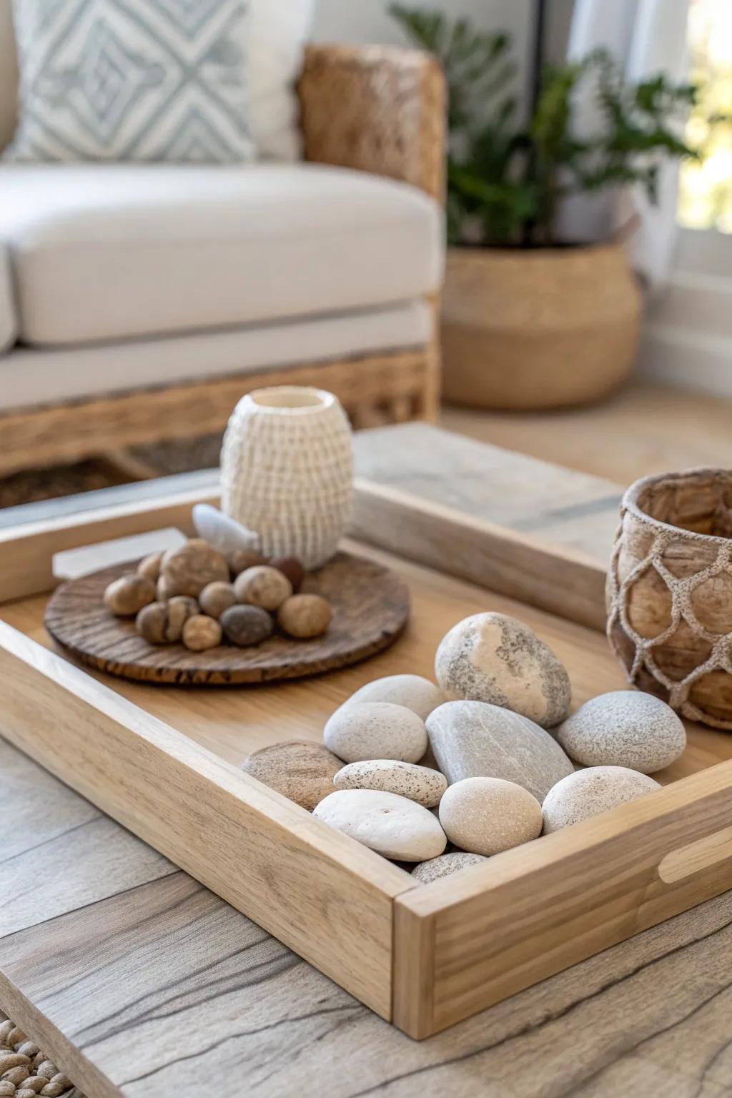 Embrace Nature-Infused Tranquility with Driftwood and Pebbles.