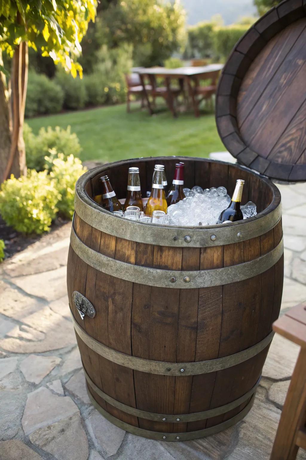 Transform your backyard gatherings with this elegant wine barrel cooler—where style meets function.