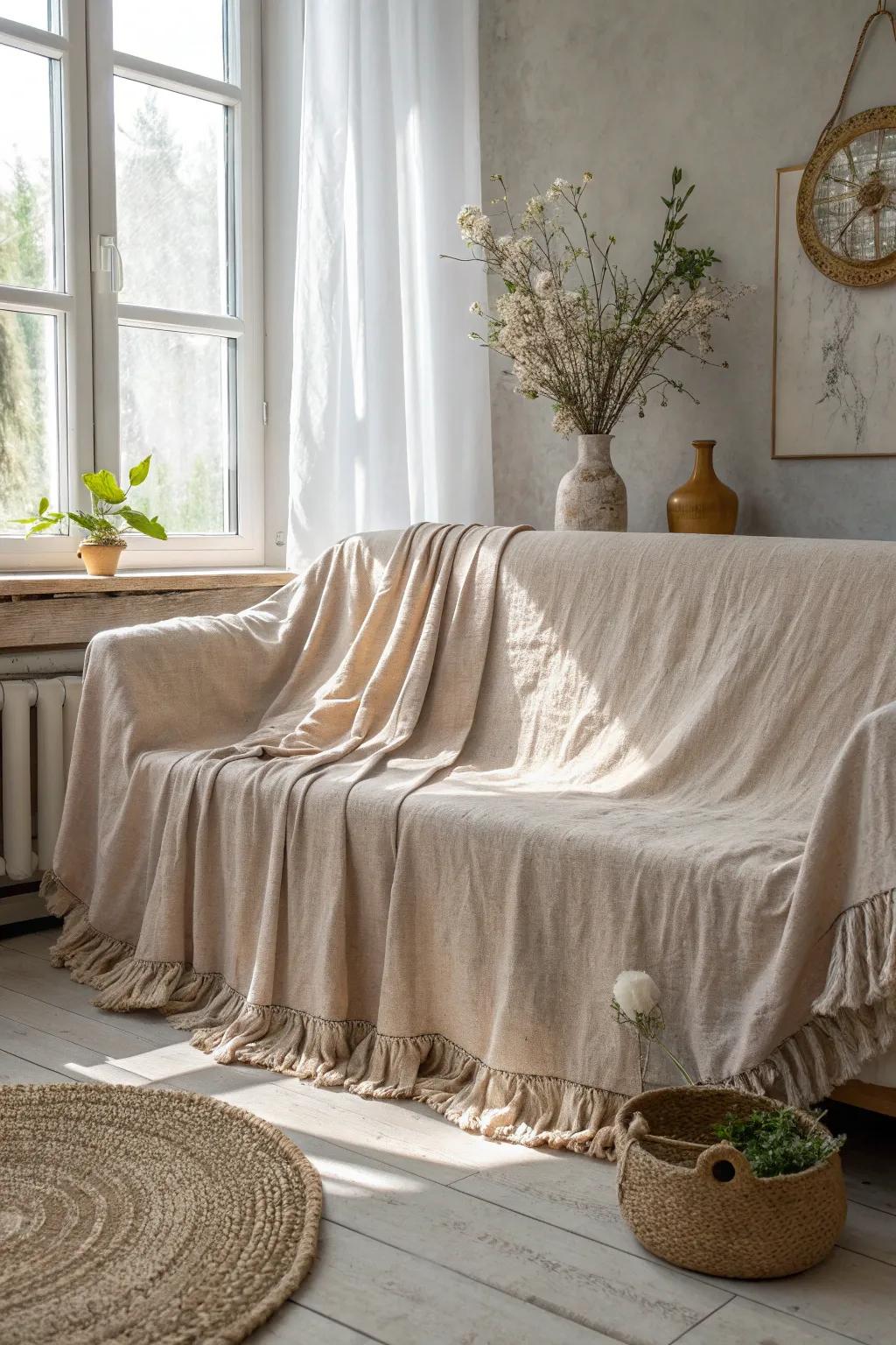 Transform old curtains into a chic couch cover for a perfect blend of minimalist elegance and boho charm.