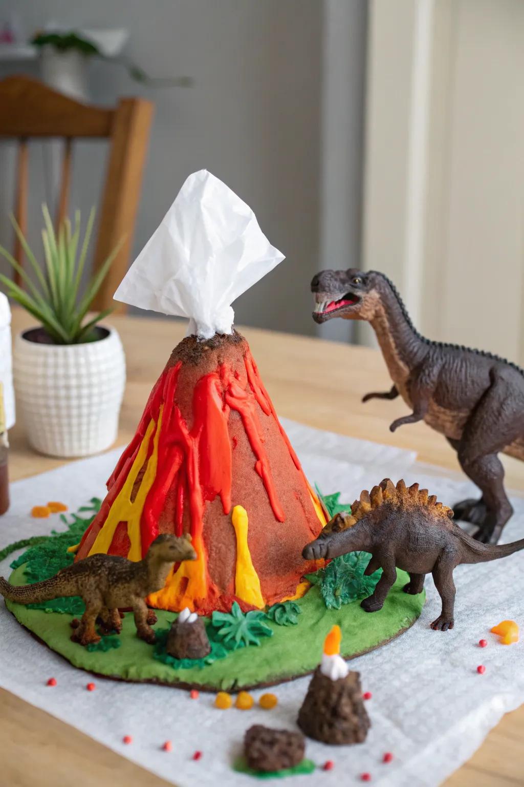 Add drama to your decor with a mini volcano and dinosaur centerpiece.