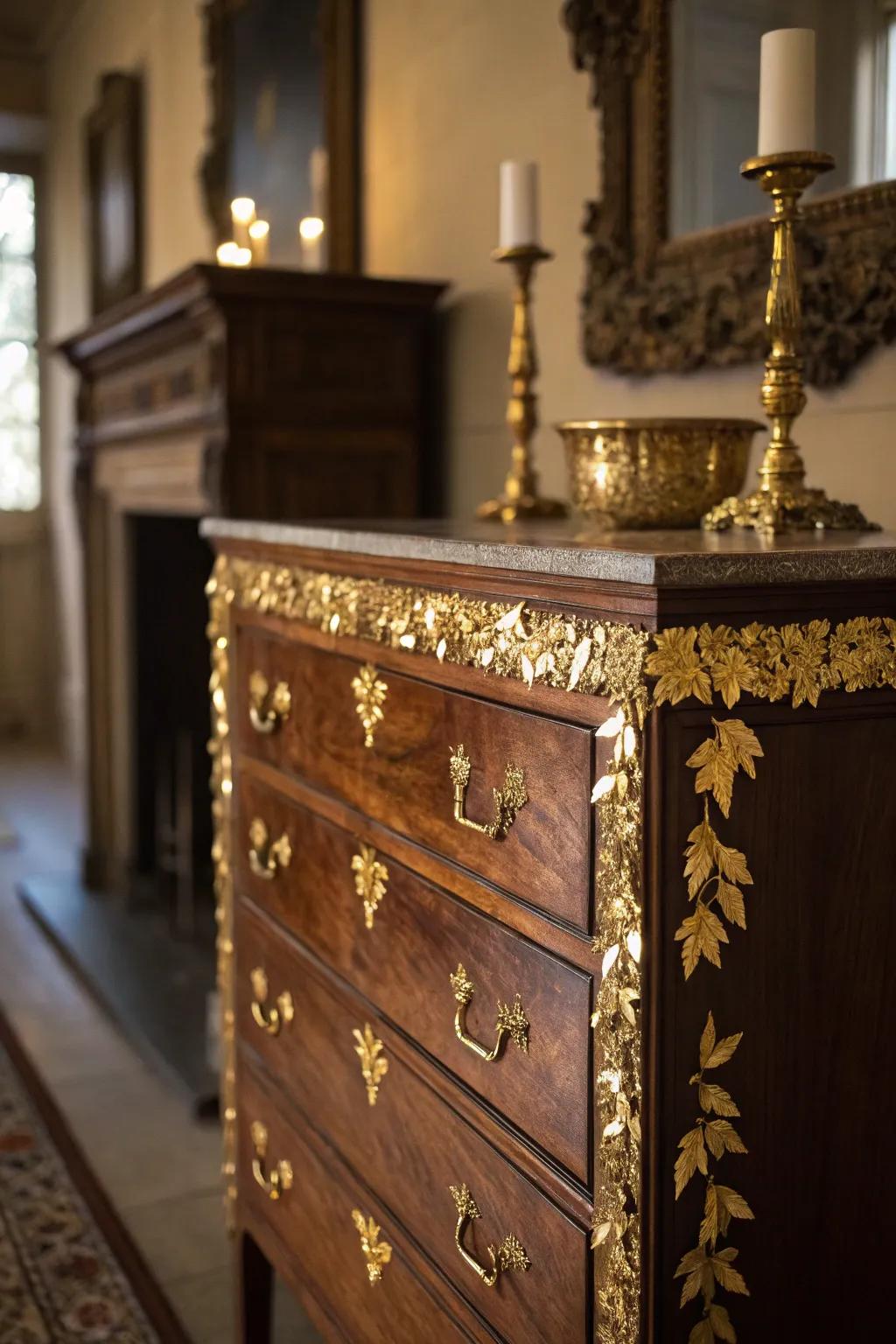 Elevate your space with vintage glam: A touch of gold leaf transforms this dresser into a masterpiece.