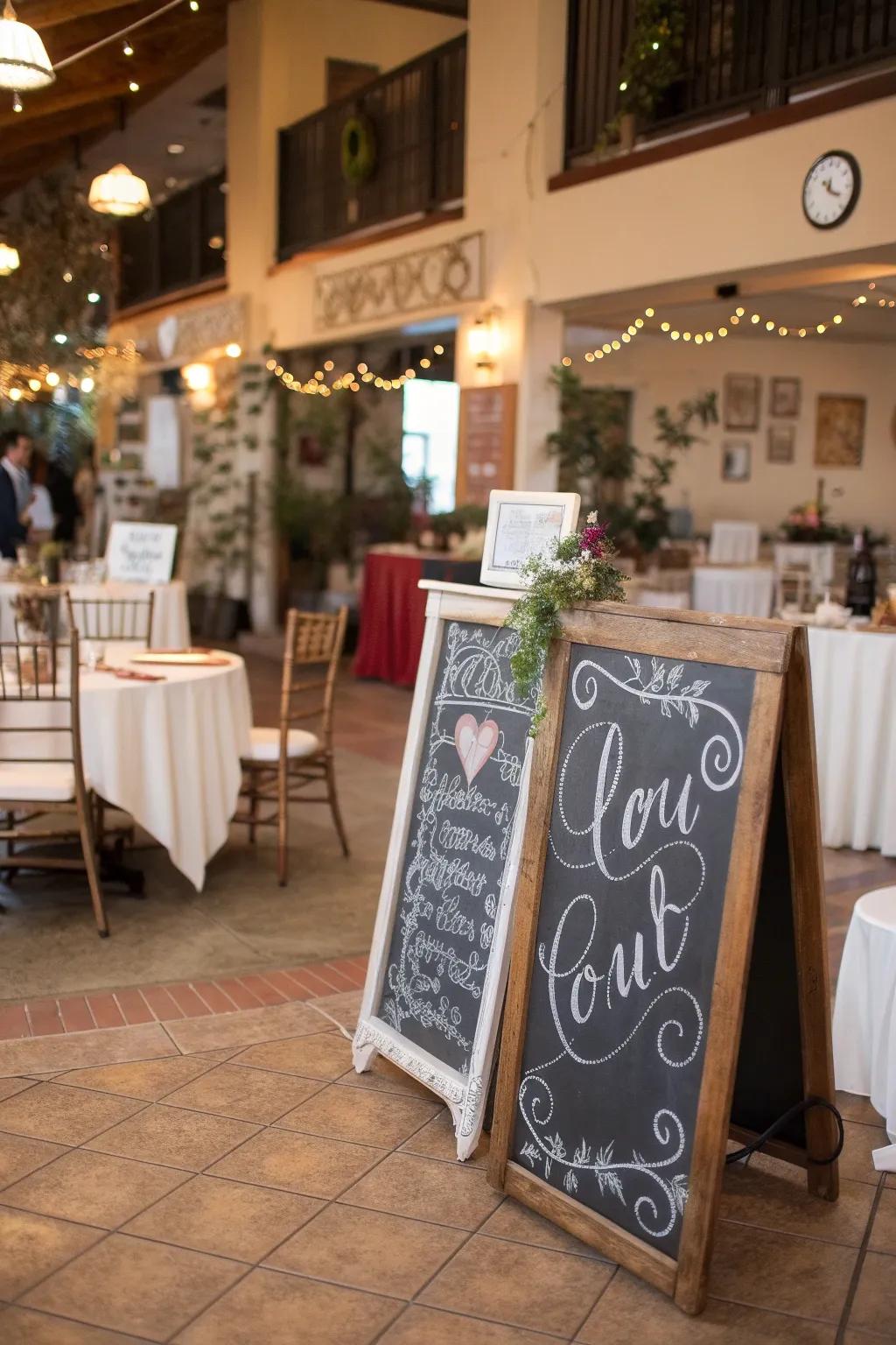 Chalkboard signs adding charm and guidance to the event.