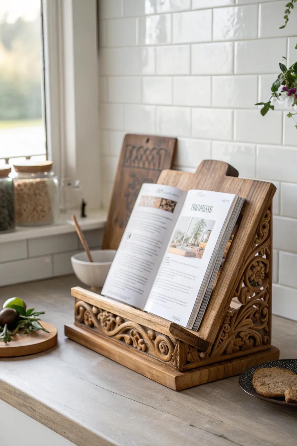 Elevate your kitchen decor with this charming DIY cookbook stand, where functionality meets artistry. Perfect for the home chef who appreciates a touch of rustic elegance.