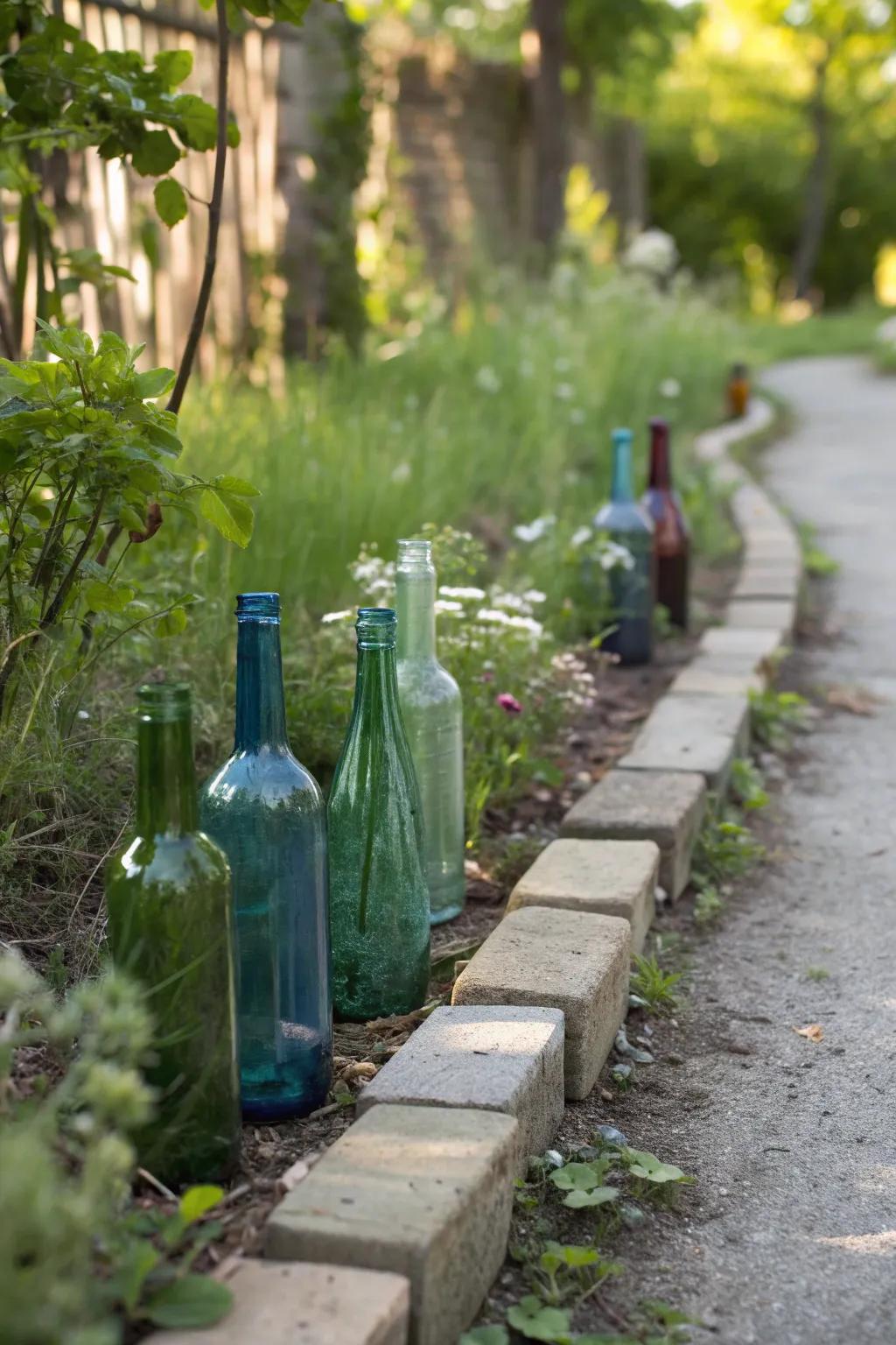 Transform your garden path with a touch of creativity and elegance using glass bottle edging.