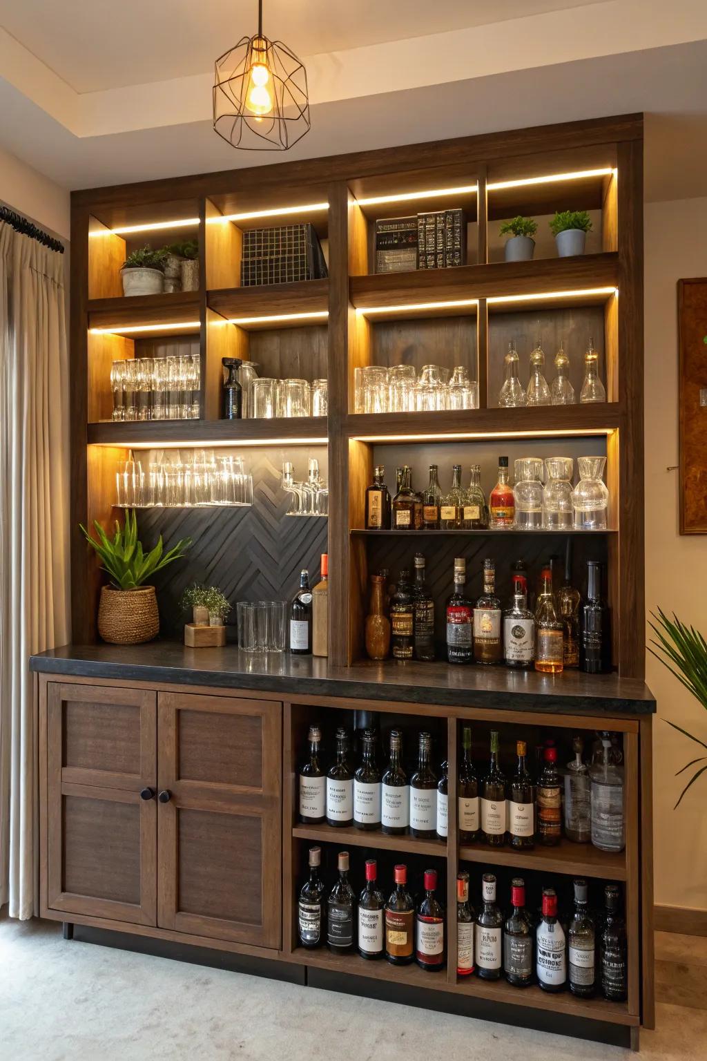 A bookshelf converted into a home bar offers a sophisticated storage solution for your collection.