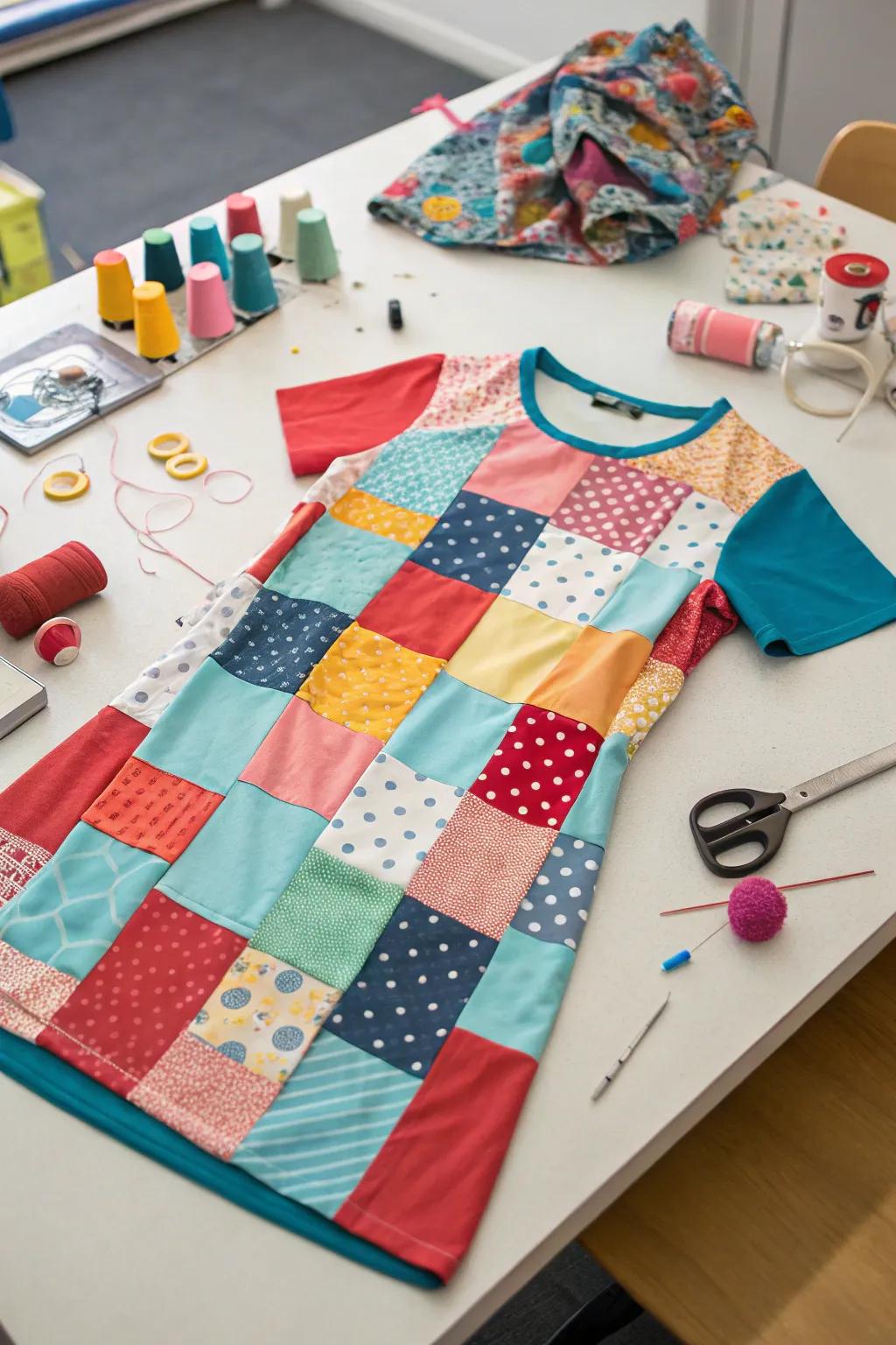 A unique patchwork t-shirt dress, blending creativity and sustainability.