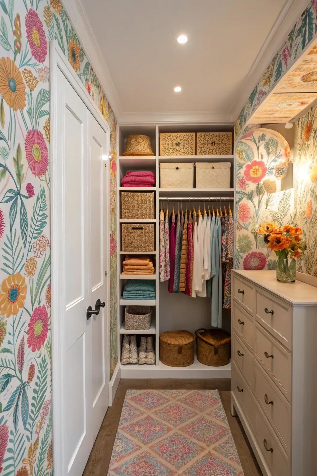 Wallpaper transforms a closet into a lively and personalized space.