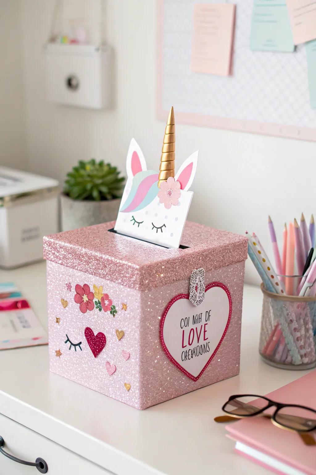 A personalized unicorn box perfect for Valentine's Day.