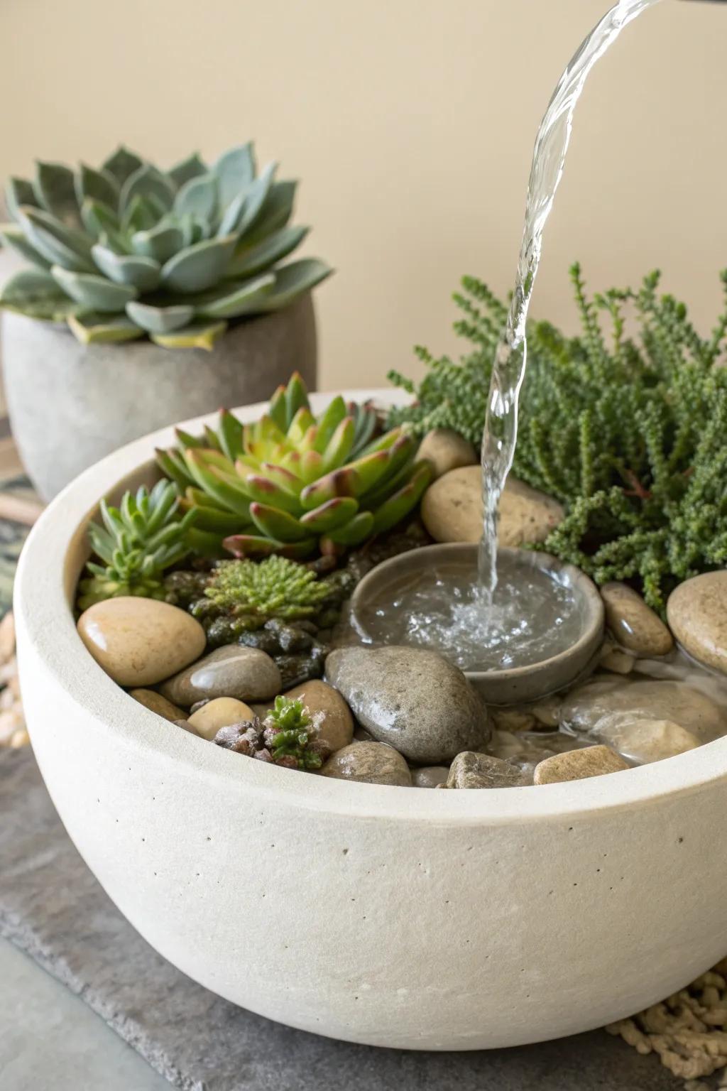 Elevate your space with a serene succulent water feature—where natural beauty meets minimalist design.