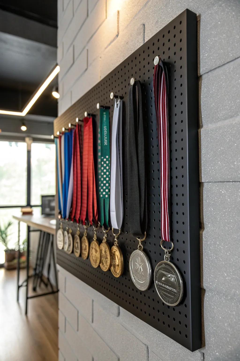 Elevate your achievements with a stylish pegboard display for your medals.