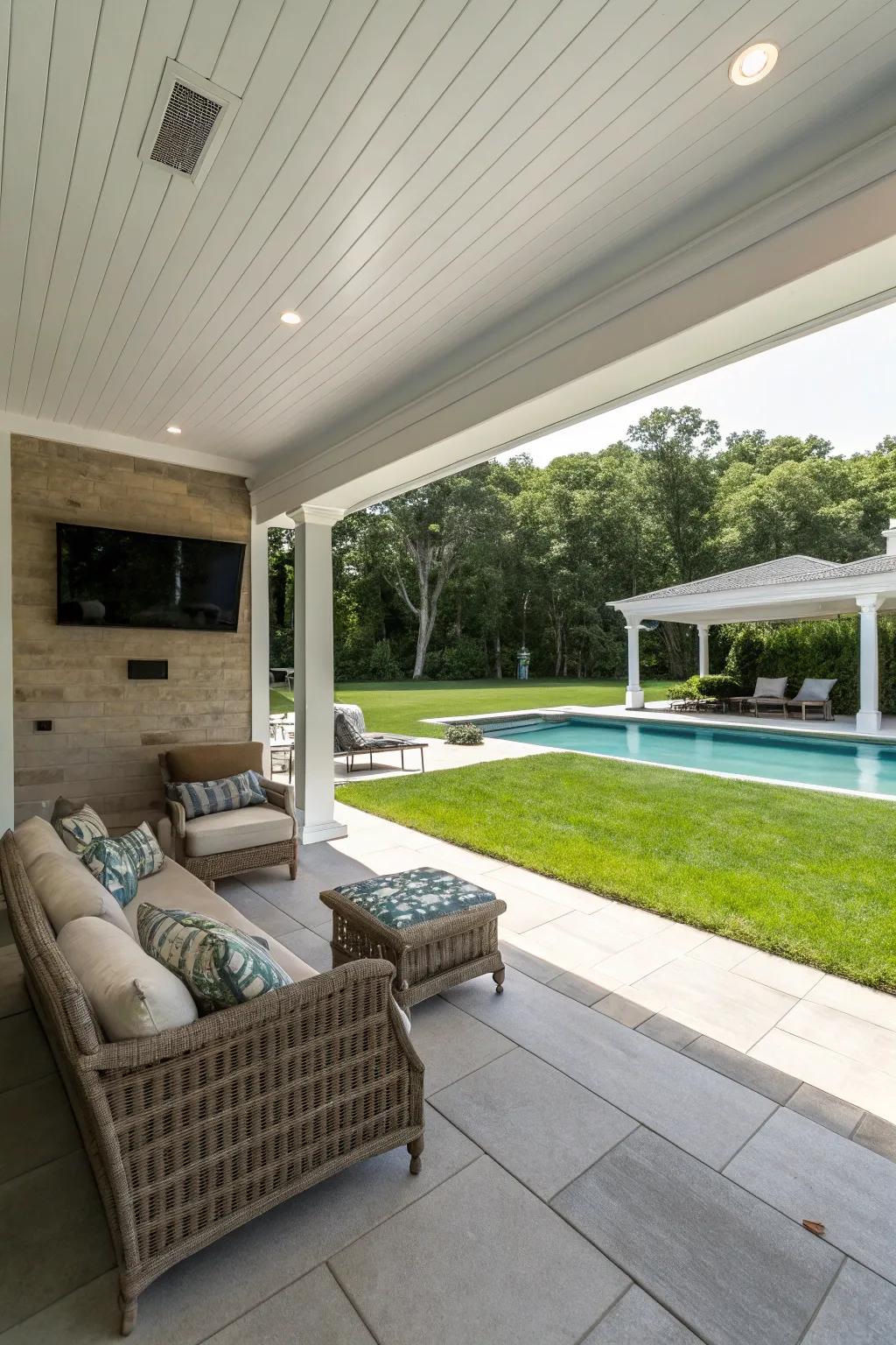 A pool house patio with a TV is a luxurious addition to any backyard.