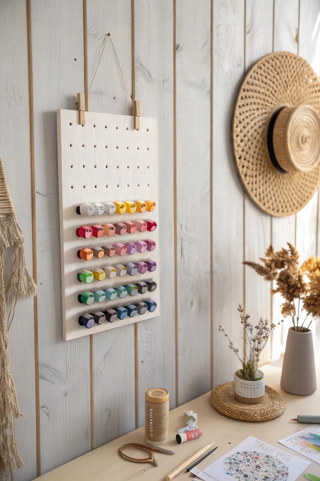 Organize your creativity with style: A minimalist bulletin board for vibrant DIY paint storage.