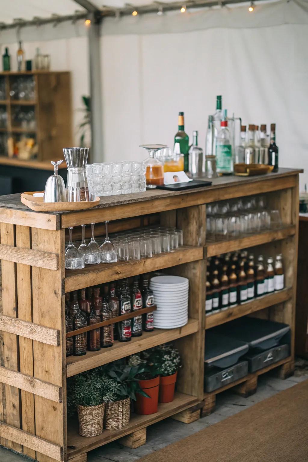 A functional pallet bar with built-in shelving for organized storage.