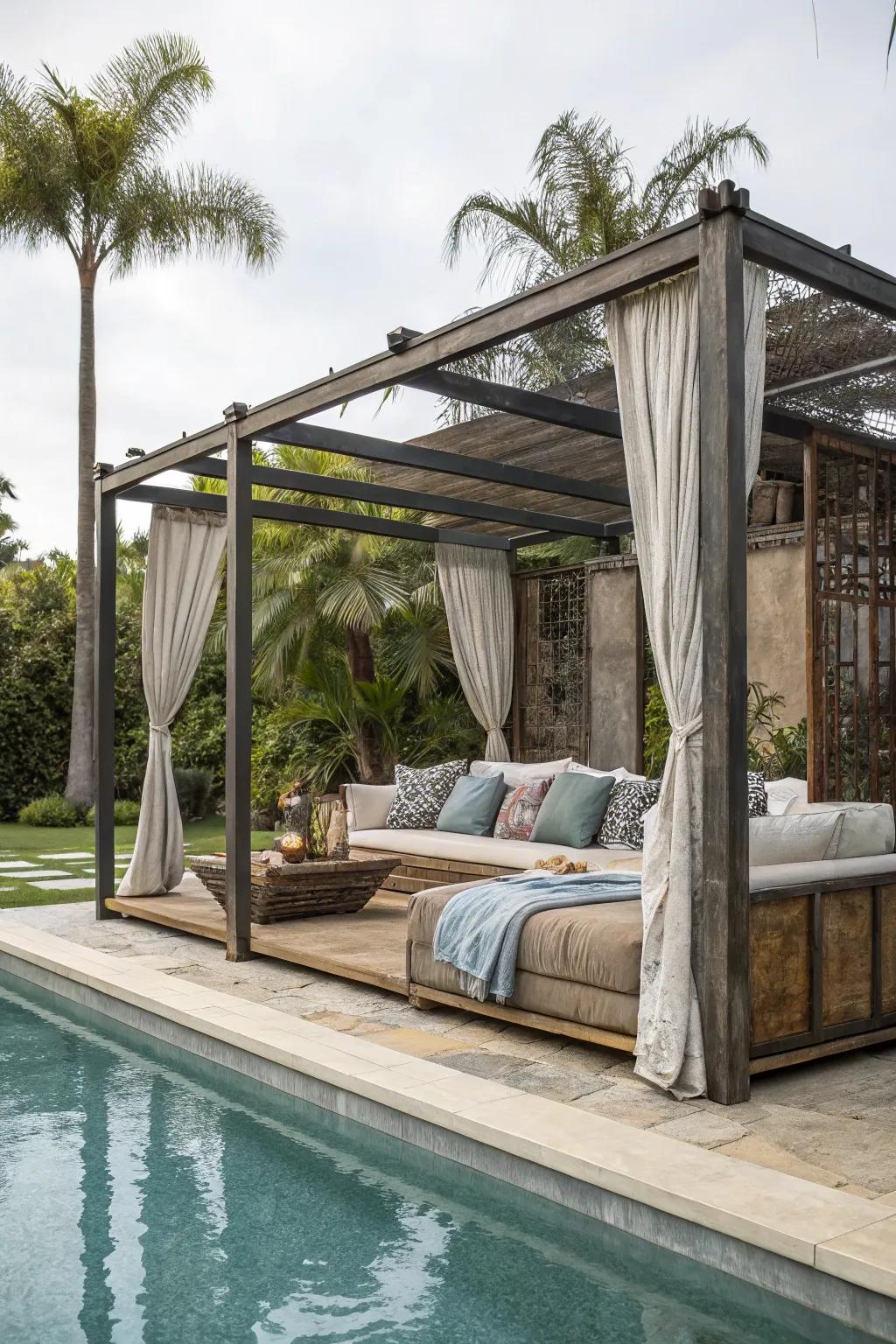 An industrial cabana combines edgy materials with modern comfort.