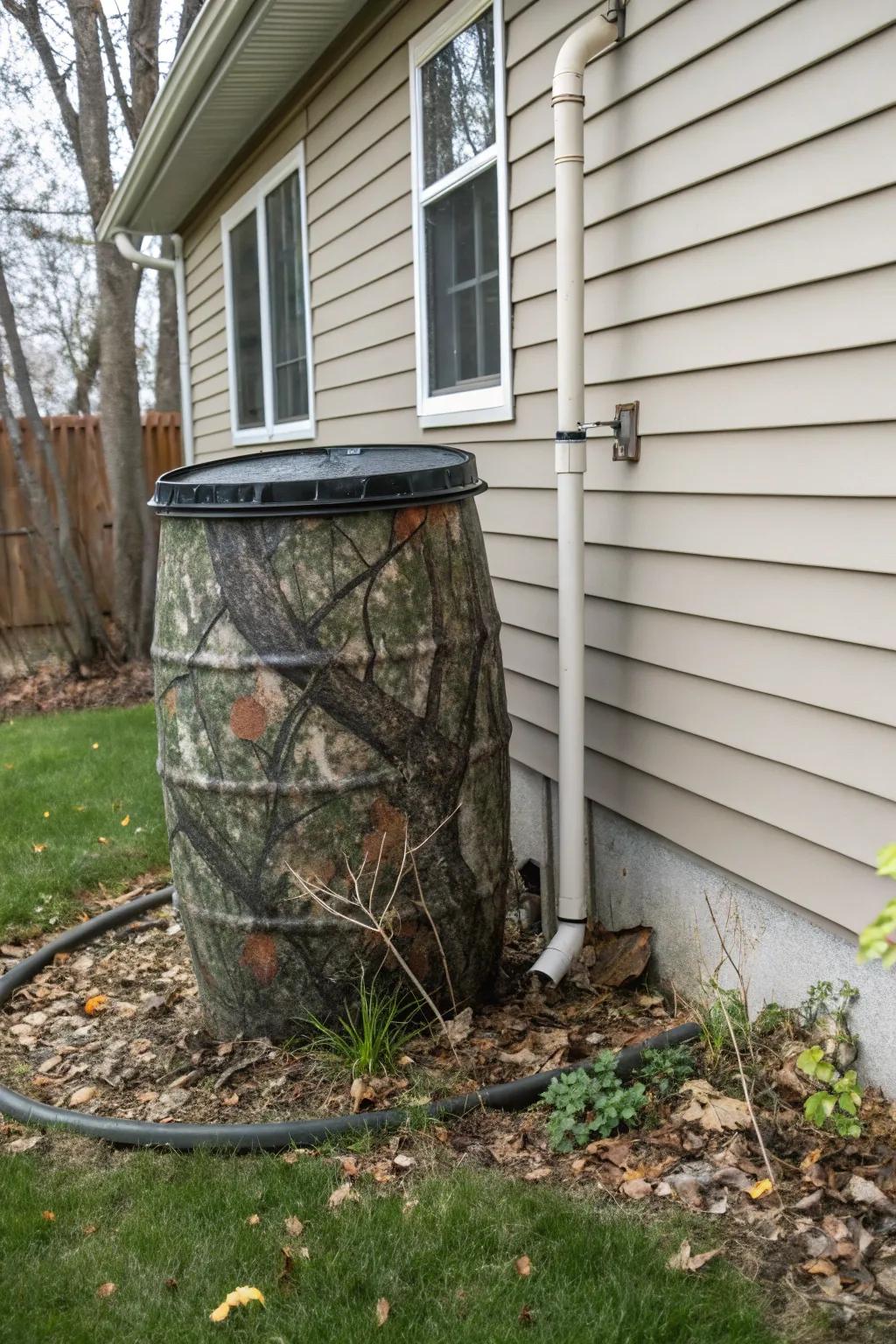 A camouflaged rain barrel seamlessly integrates into the home's exterior.