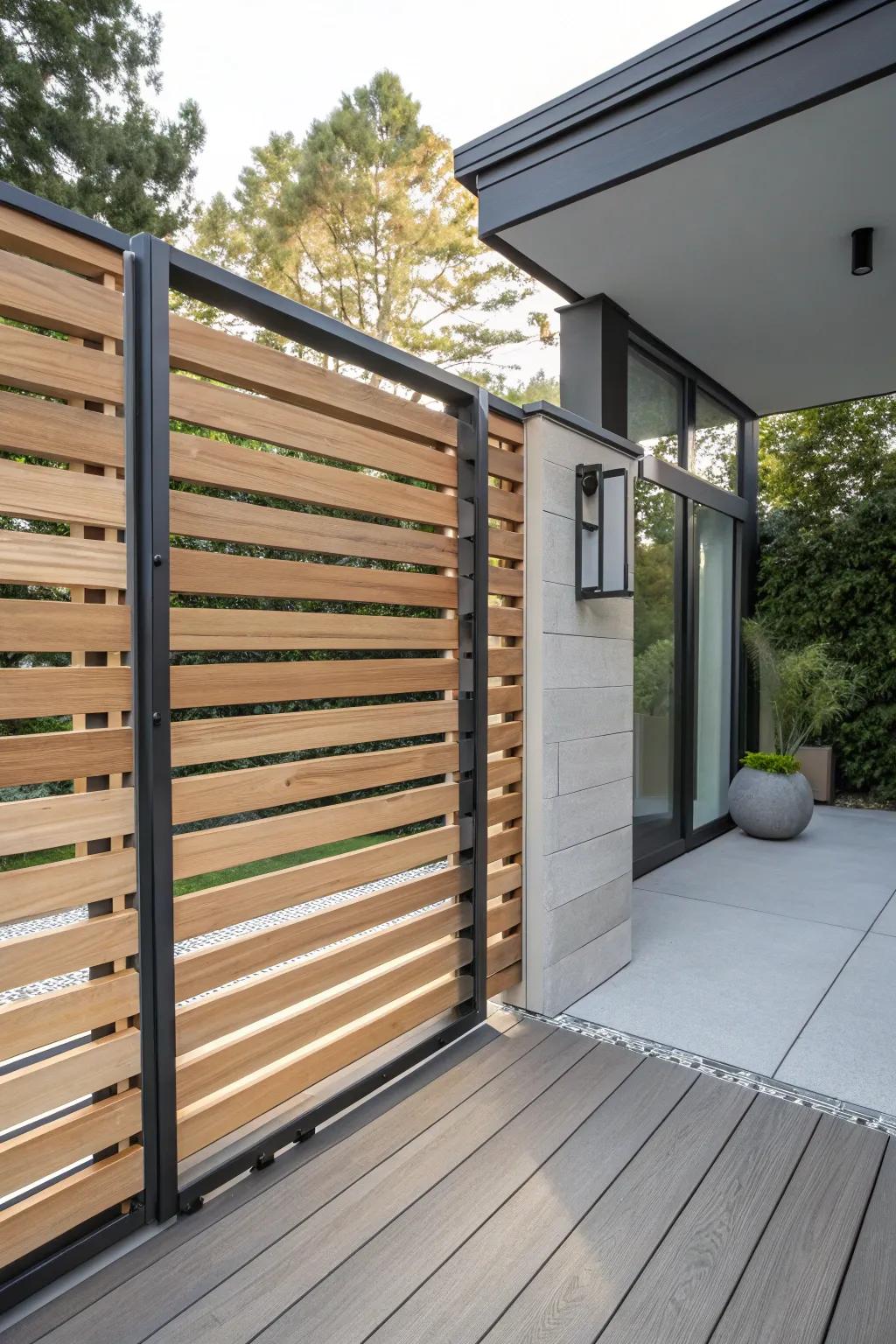 Elevate your deck with this sleek sliding gate design that creates a striking floating panel illusion. #DIYDesign #ModernCraftsmanship