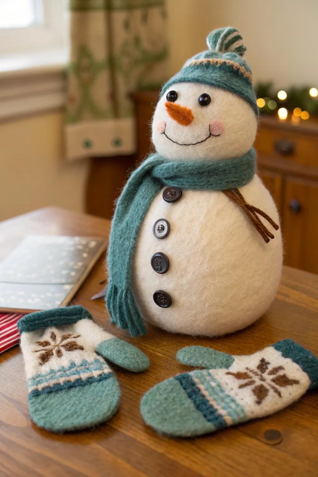 Soft and cozy, this felted wool snowman is perfect for winter warmth.