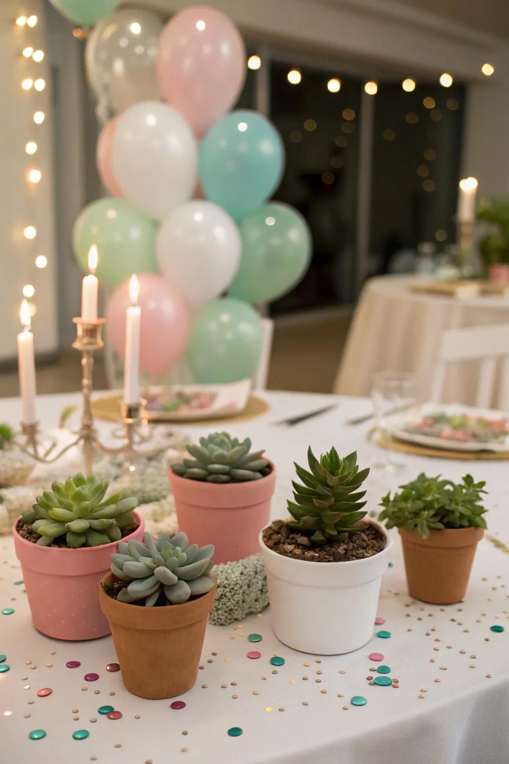 Succulents offer a fresh and modern touch to the centerpiece.