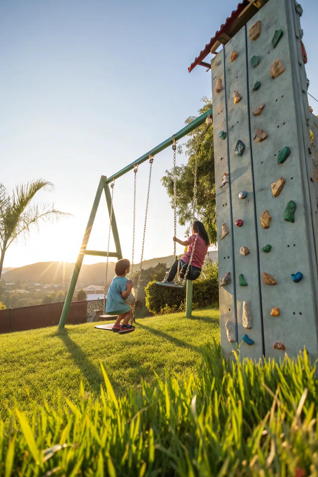 A swing set with a climbing wall, perfect for adventurous play.