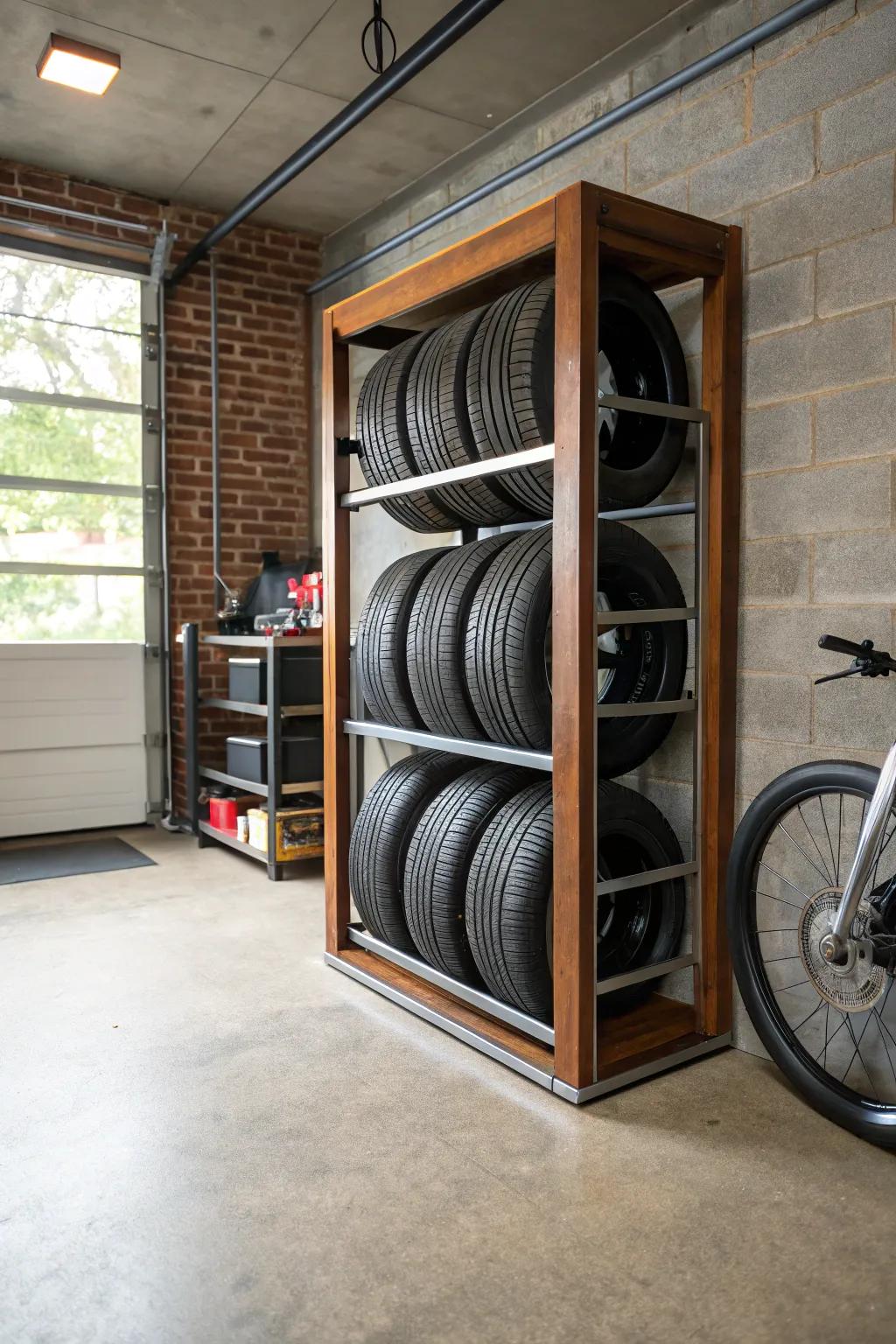 Transform your garage with this stylish corner tire rack—perfect for efficient space utilization.