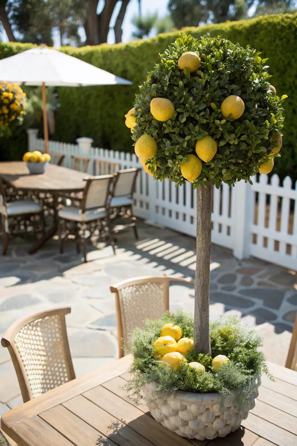 A bright citrus topiary bringing vibrant energy to a summer patio.