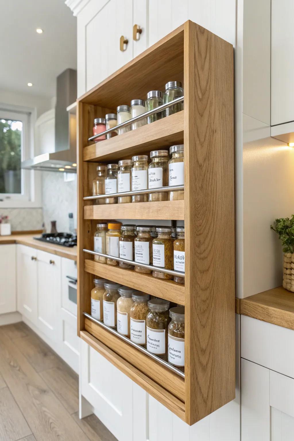 Elevate your kitchen with the elegance of a swing-out spice rack—where functionality meets minimalist beauty.