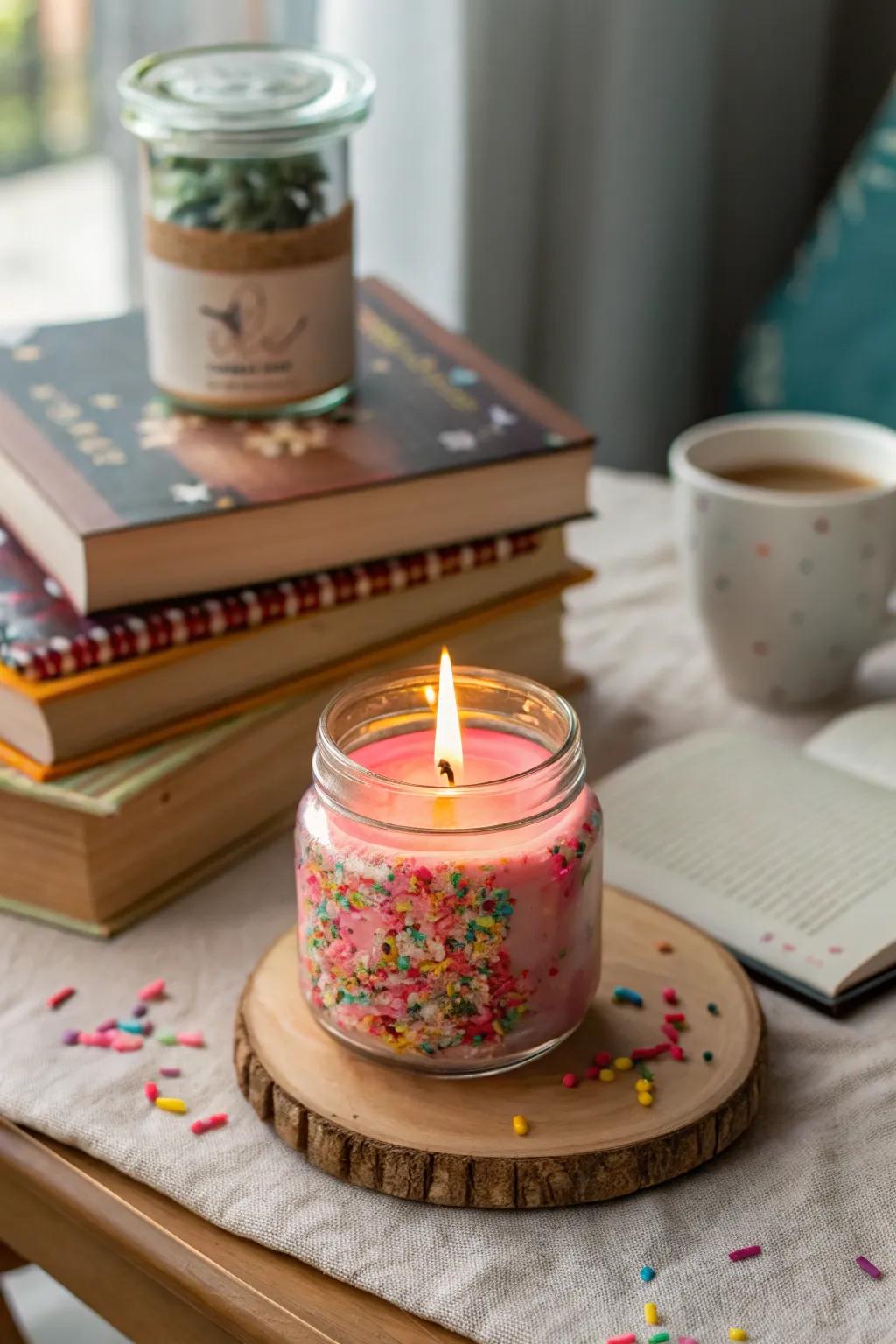 A sprinkles candle adds a whimsical touch to any decor.