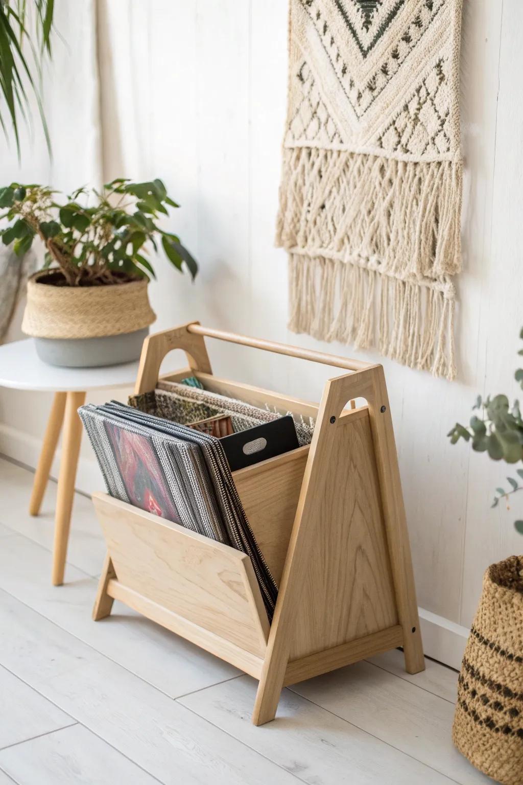 Transform your space with a touch of vintage charm: repurpose a magazine rack for chic vinyl storage.
