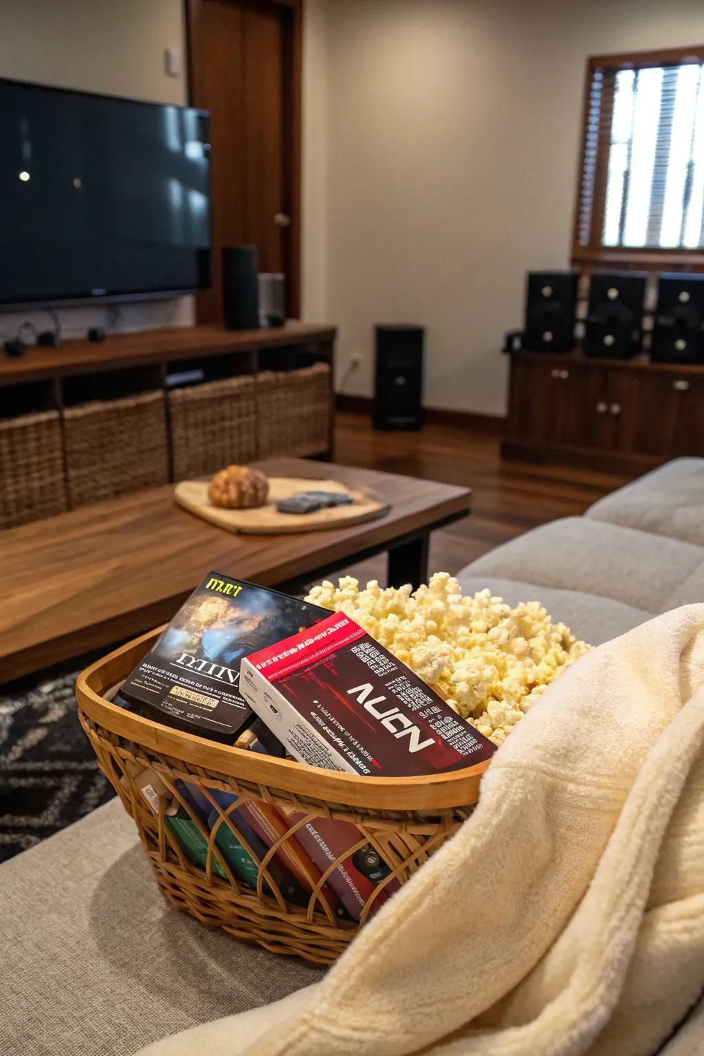 A cozy movie night basket for intimate evenings.