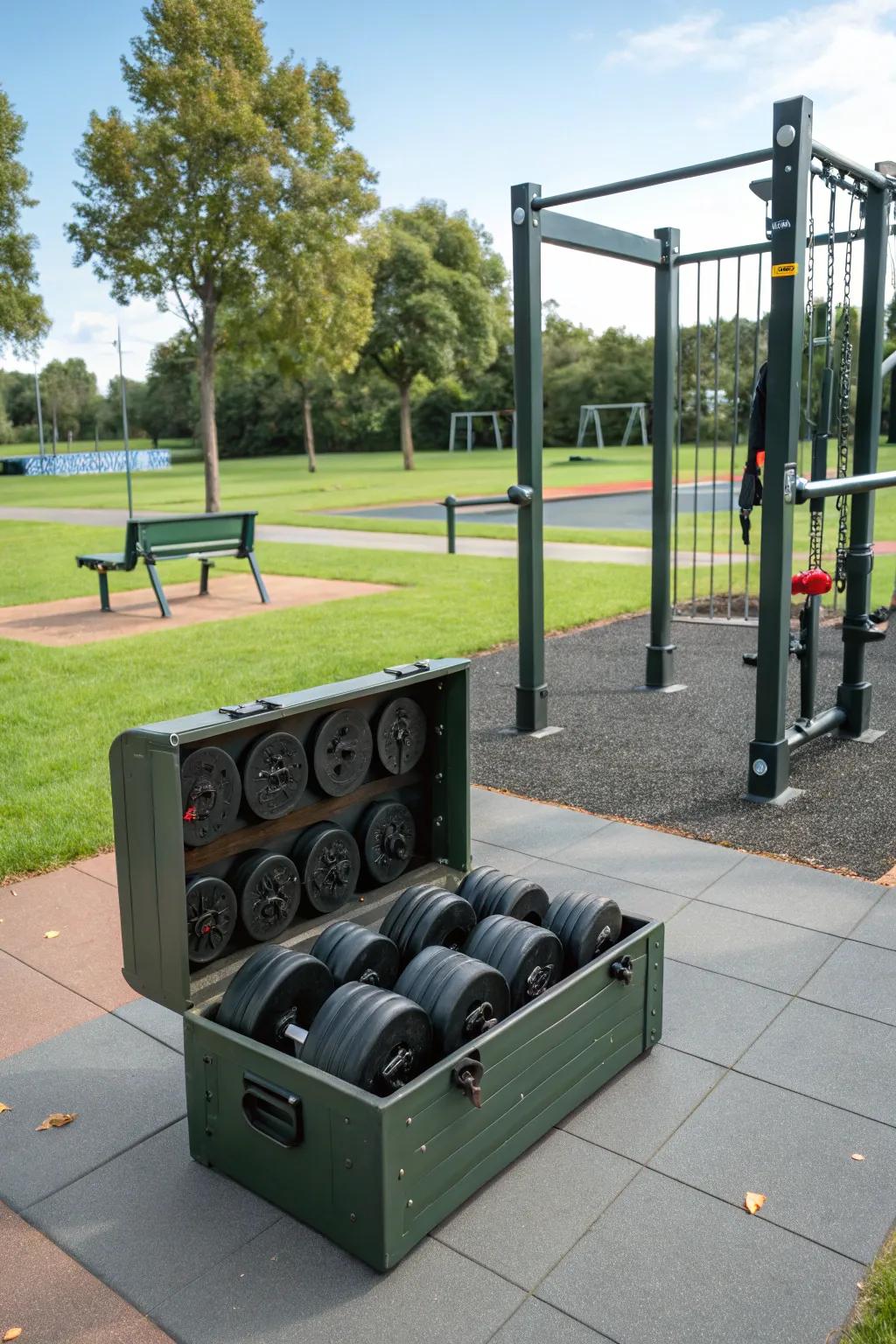 A weather-resistant storage box is perfect for outdoor gyms.