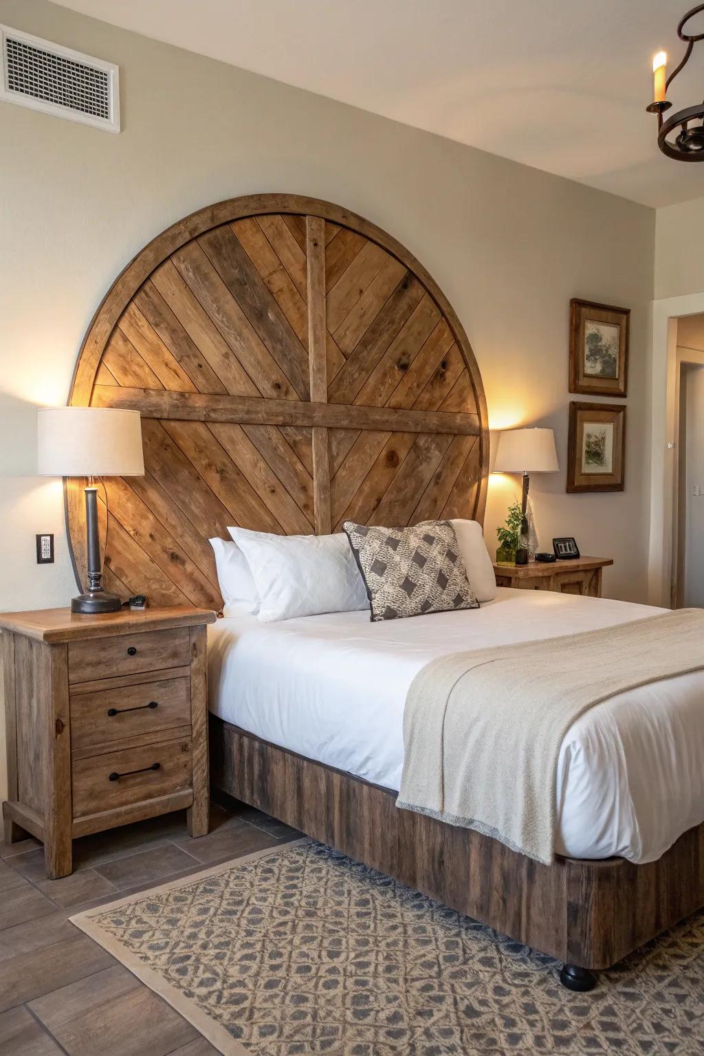 Rustic meets modern: Round wood headboard.