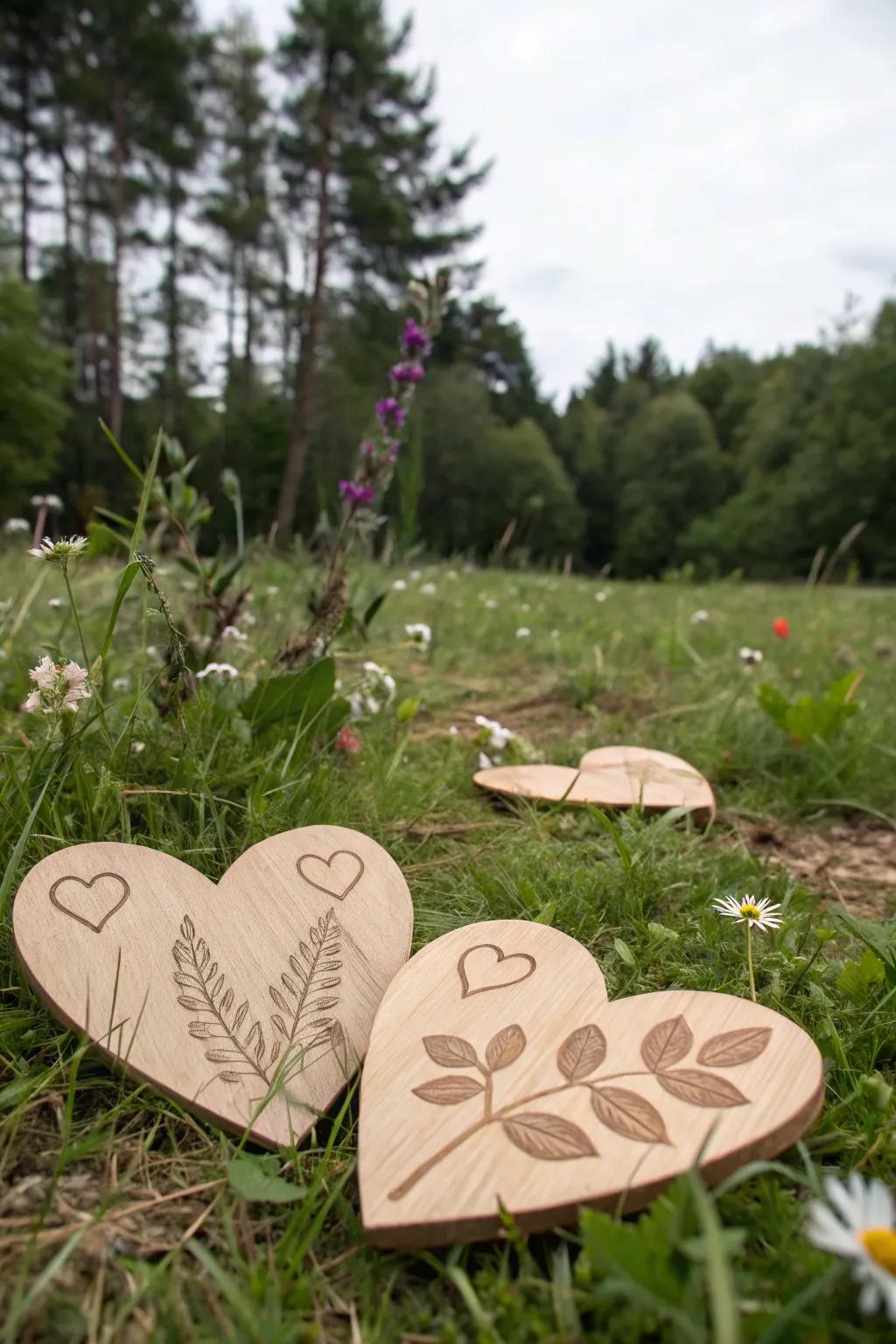 Leaf imprint hearts capture the essence of nature.