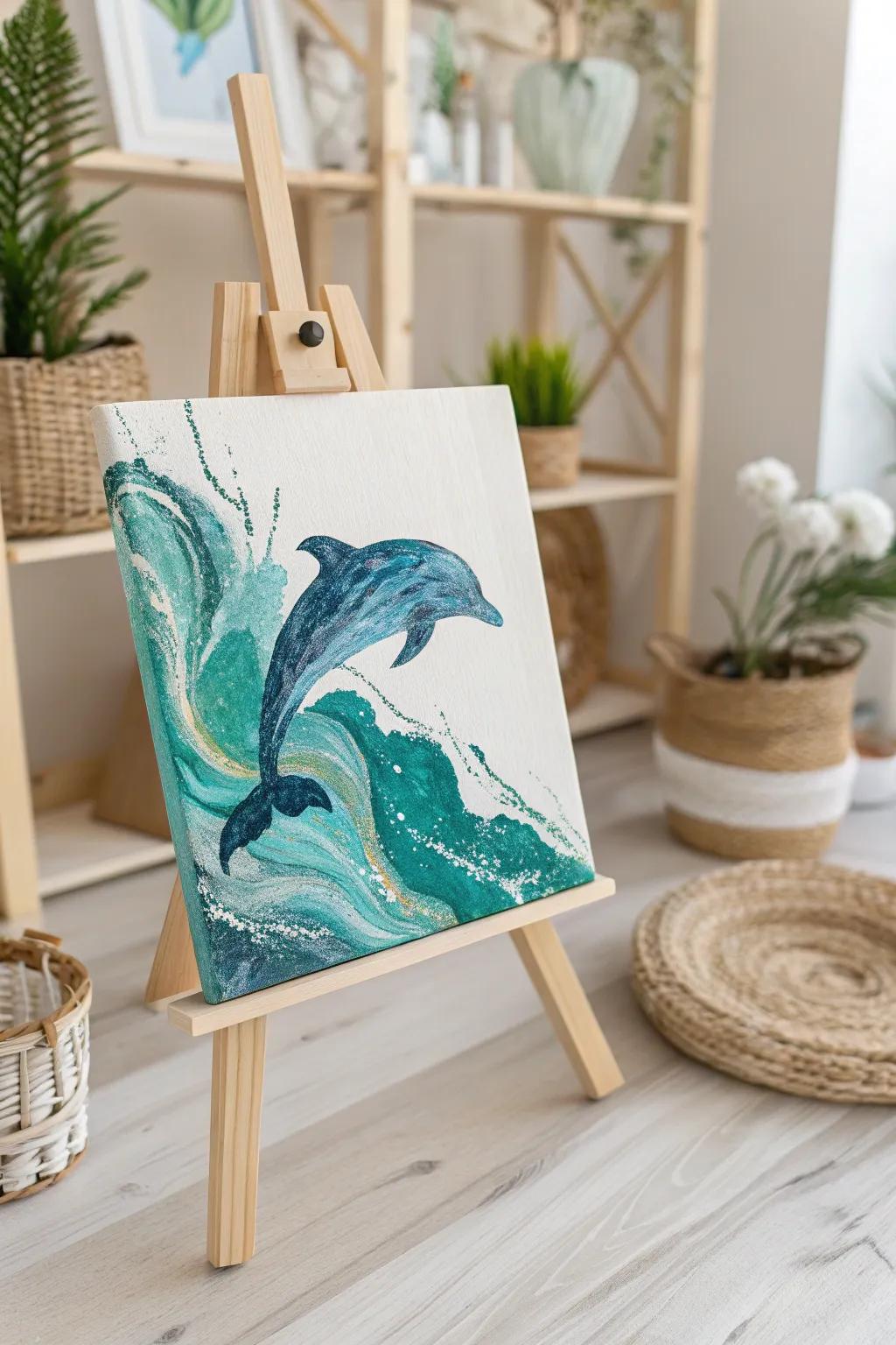 Dive into creativity with this stunning Dolphin Paint Pour masterpiece, a perfect blend of minimalist elegance and oceanic allure.