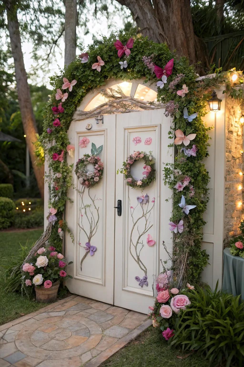 A dreamy enchanted garden themed door.