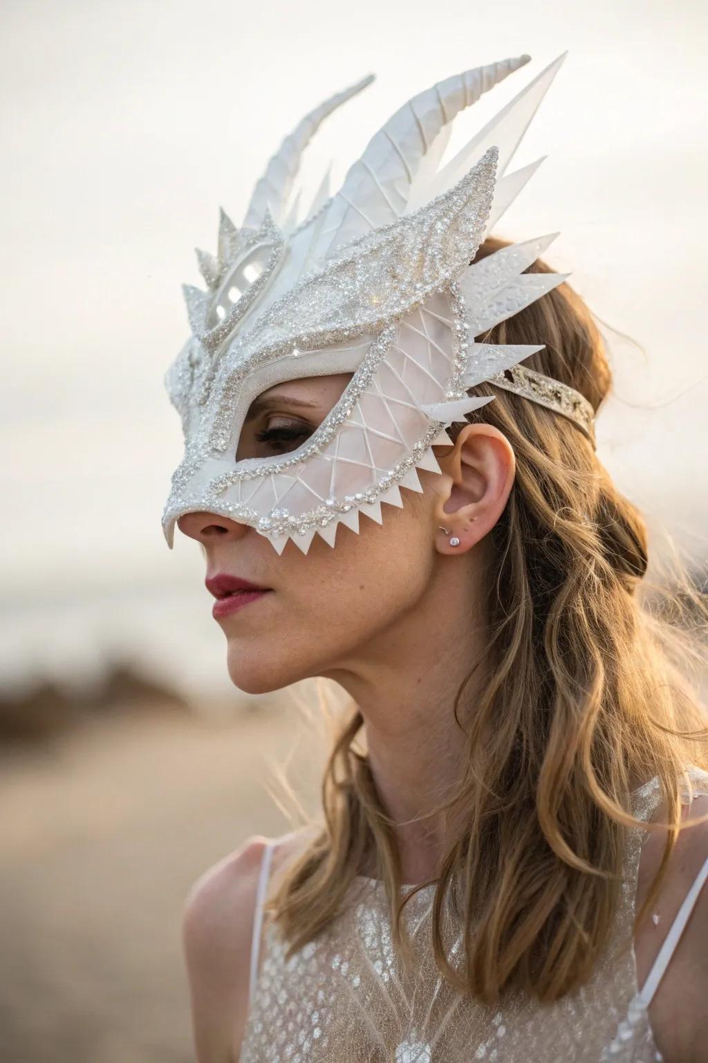Discover the enchanting allure of sustainable art with this recycled plastic dragon mask – where simplicity meets fantasy.