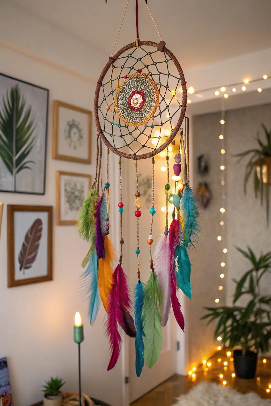 Make a bold statement with this feathered fantasy dream catcher.