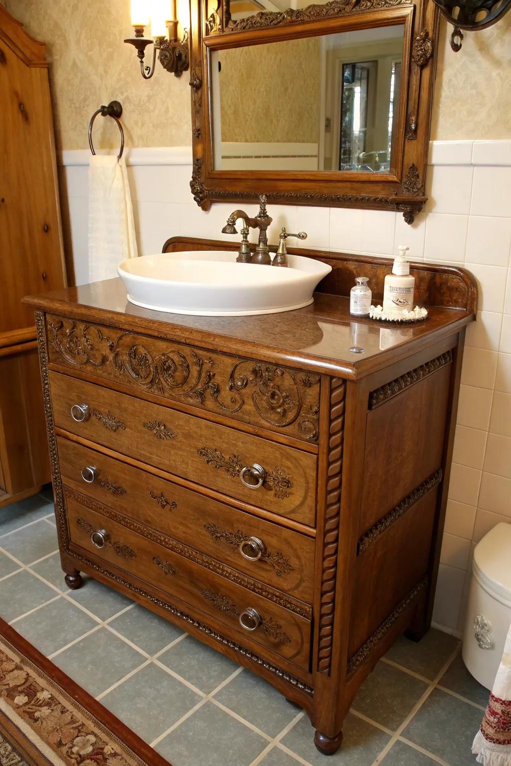 Repurposing a dresser as a vanity adds uniqueness to your bathroom.