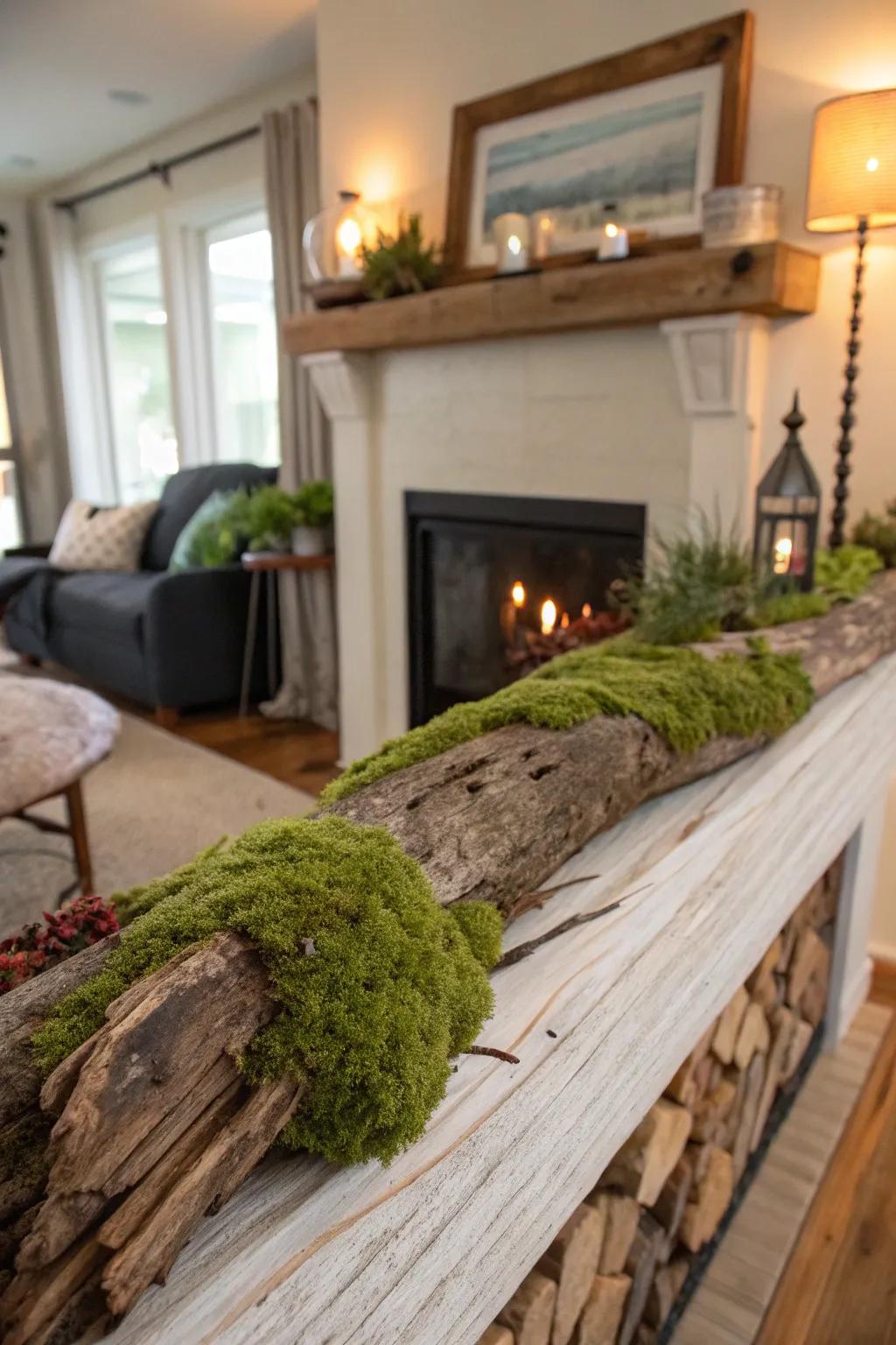 A moss-covered driftwood display, bringing the tranquility of nature indoors.