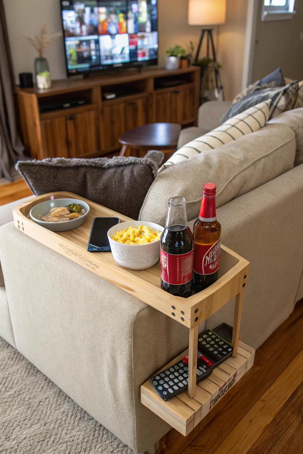 A C-shaped drink table providing convenience in a TV room.