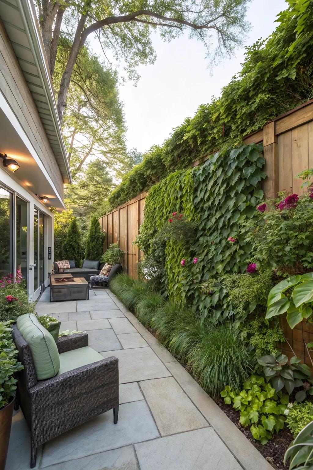 A living wall offers a vertical garden solution with added privacy.