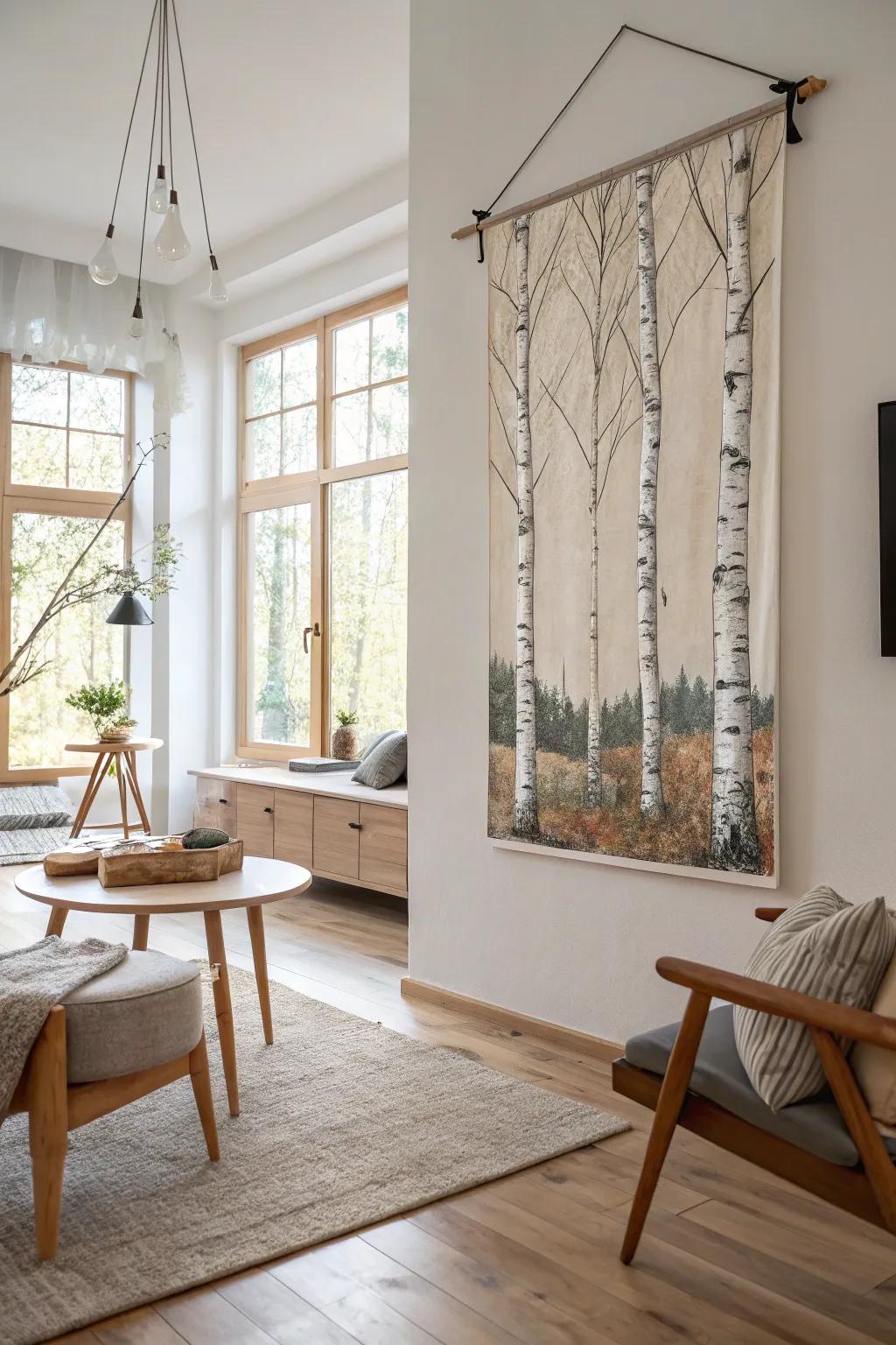 Stylized birch trees on canvas complement a Scandinavian-inspired living room.