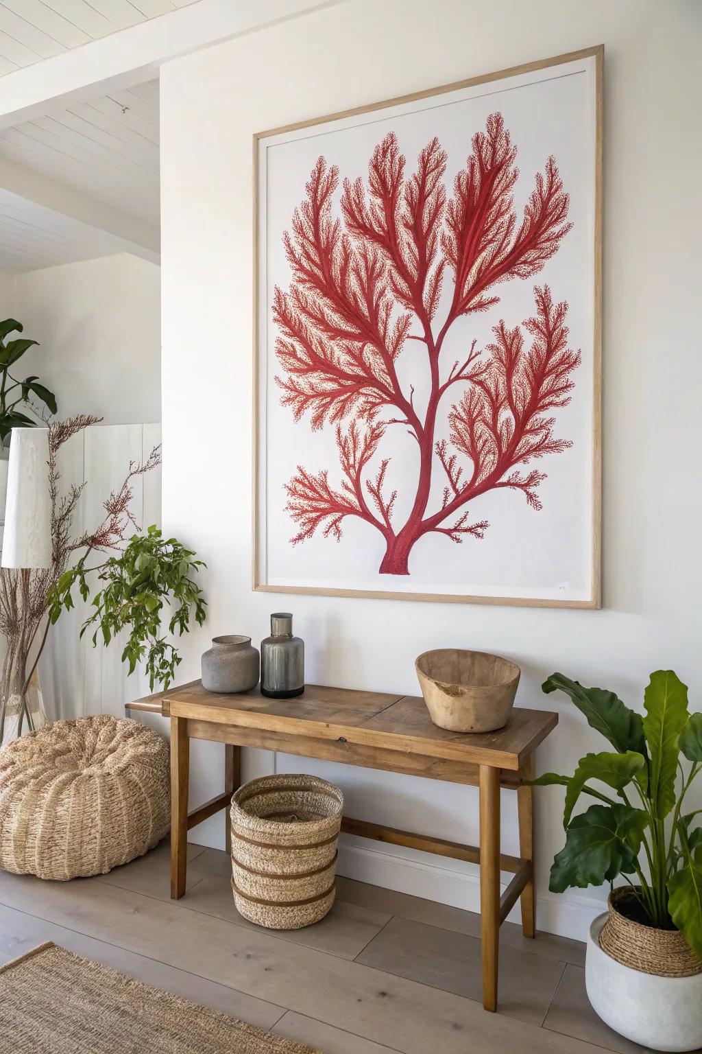 Bring a splash of the ocean's mystery with a red seaweed painting.