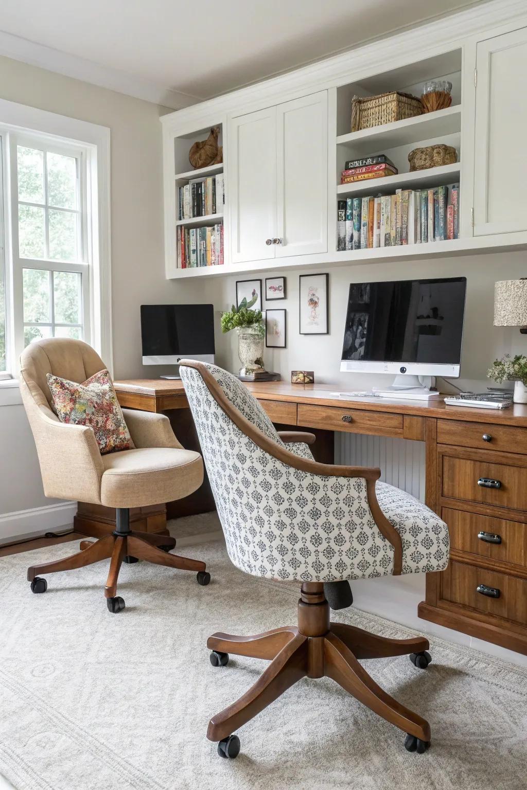 A mix of chairs adds comfort and character to this eclectic office space.