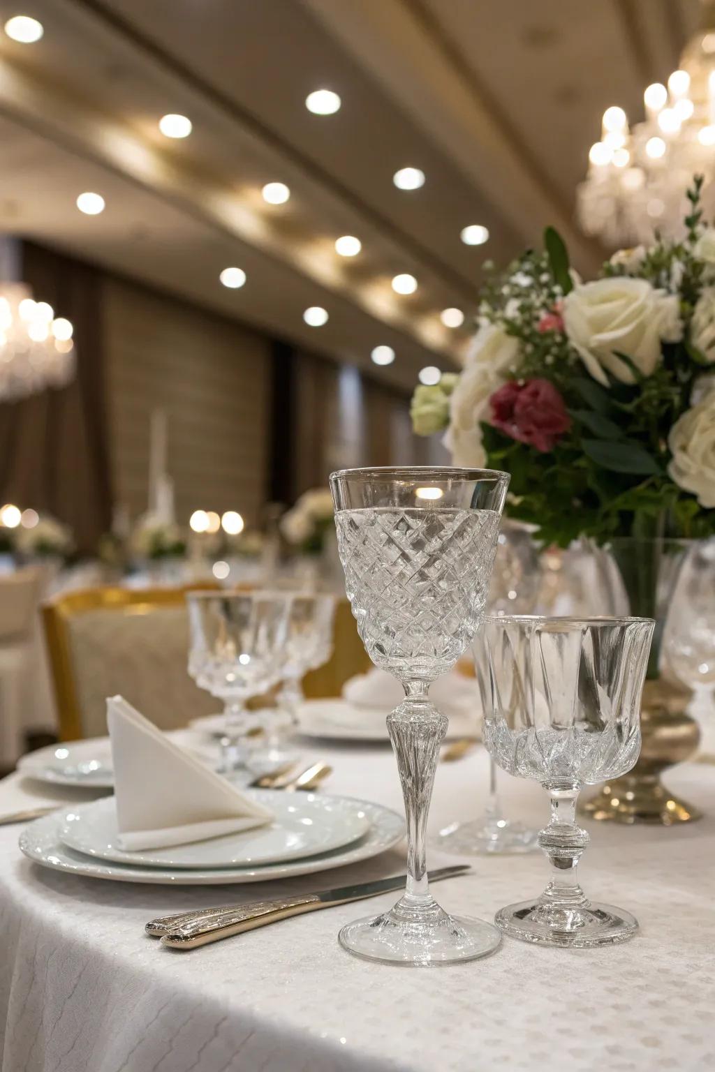 Crystal-cut glassware adds sparkle and elegance to the table setting.