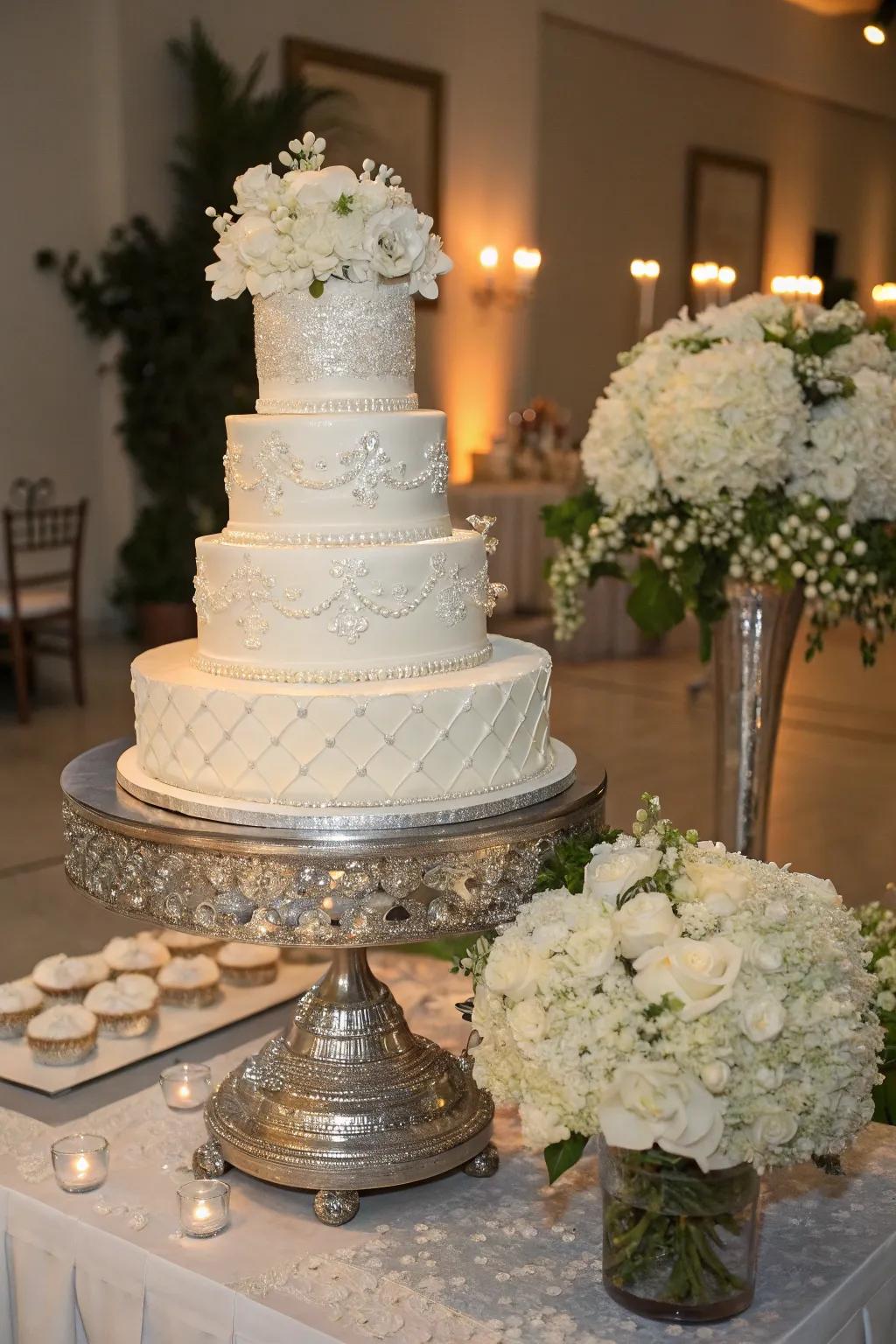 A silver cake stand enhances elegance.