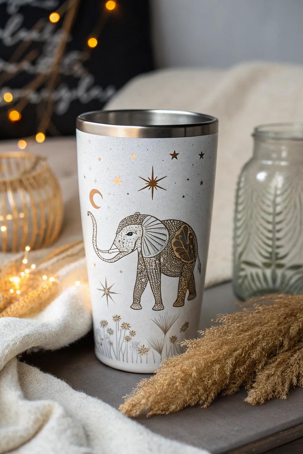 Embrace the magic with this celestial elephant tumbler, where stars and craftsmanship meet simplicity.