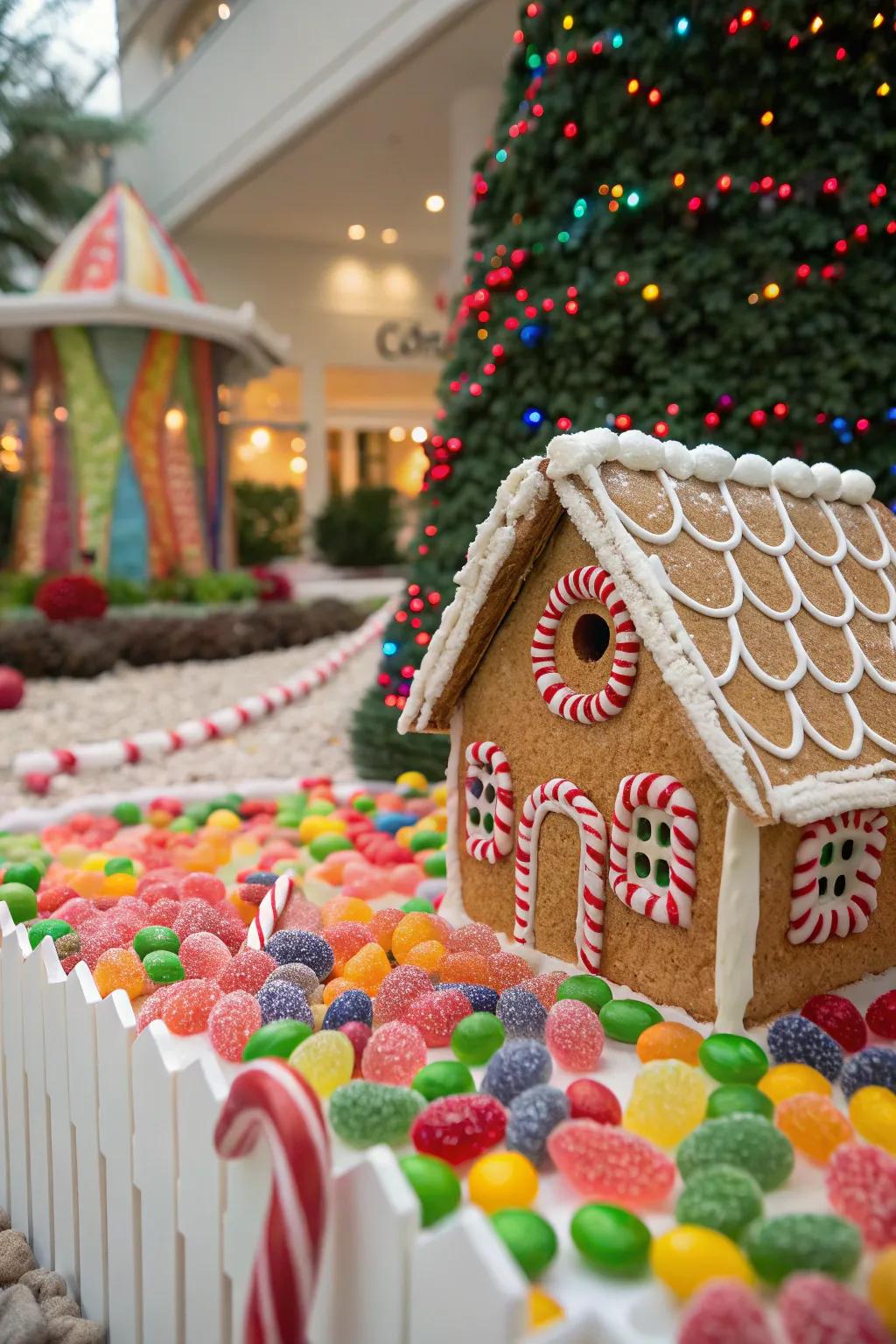 A candy garden surrounds this gingerbread house.