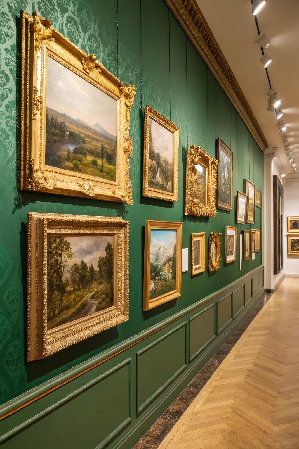 A gallery wall featuring gold picture frames with emerald green backgrounds.