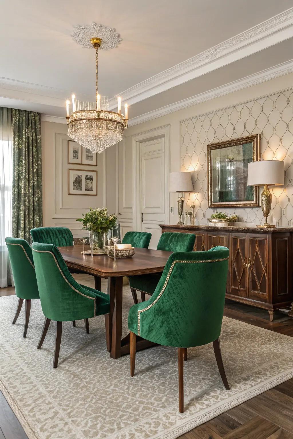 Emerald green accent chairs provide a vibrant pop of color.